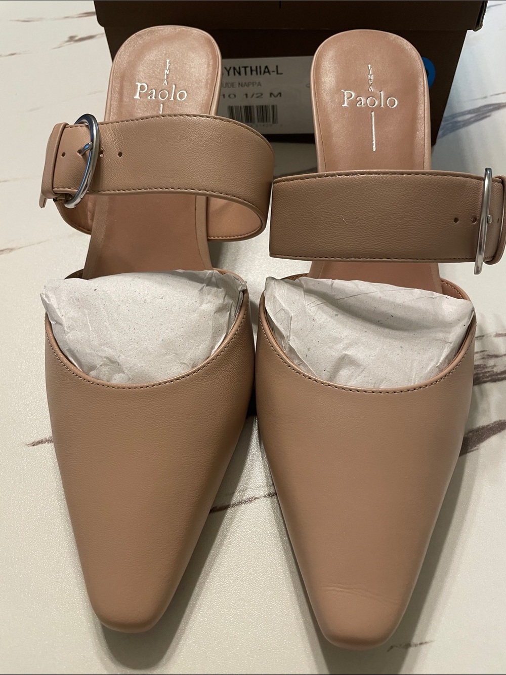 Paolo Nude-Tone Pointed Slide Mules with Buckle Strap New in Box Sz 10 1/2